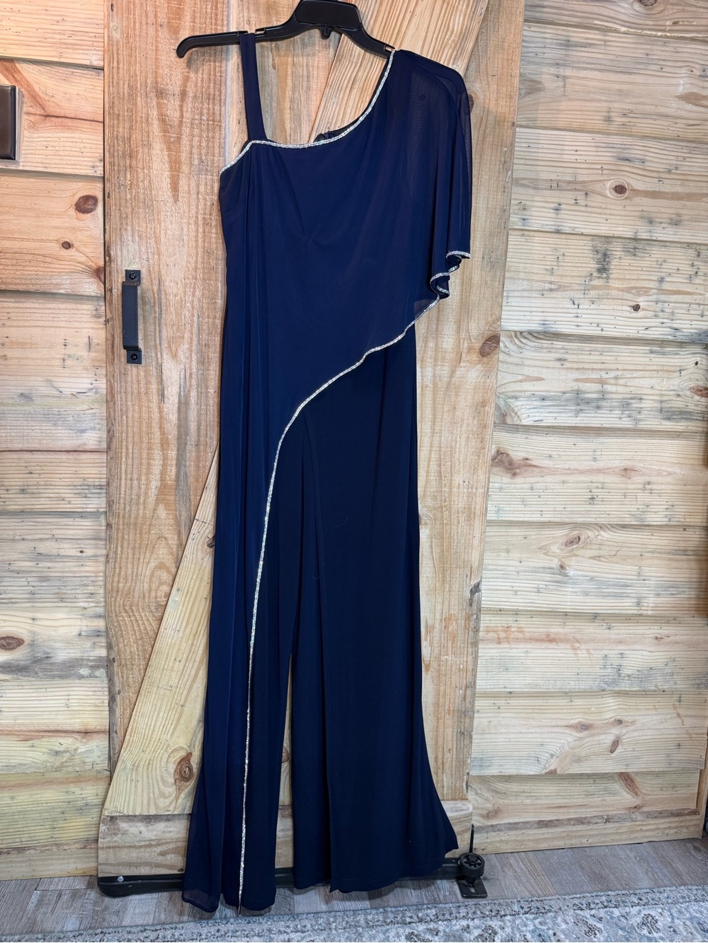 Elegant Navy One-Shoulder Evening Dress with Silver Trim